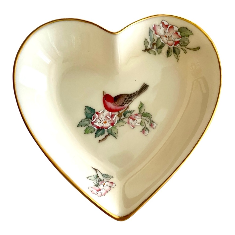 Lenox Heart-Shaped Vintage Trinket Dish "Serenade" Bird Pink Flowers 24K Rim